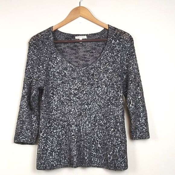 Eileen Fisher 3/4 Length Sleeve V-neck Metallic Silver and Black Top Size S - Picture 1 of 10